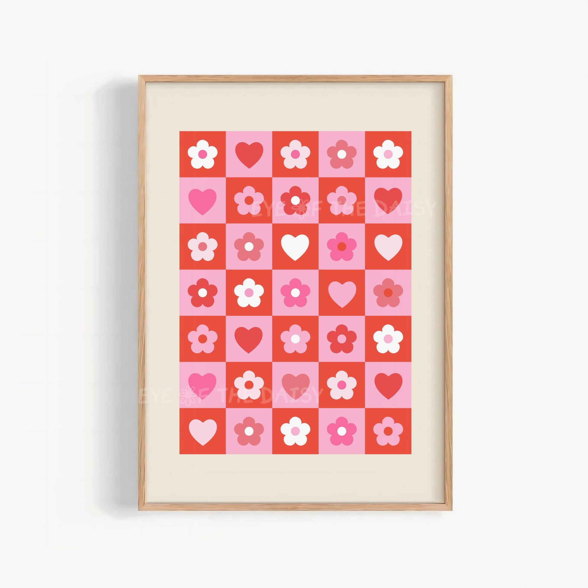 Red and pink checkerboard printable wall art with hearts and flowers, modern romantic poster for bedroom or dorm décor