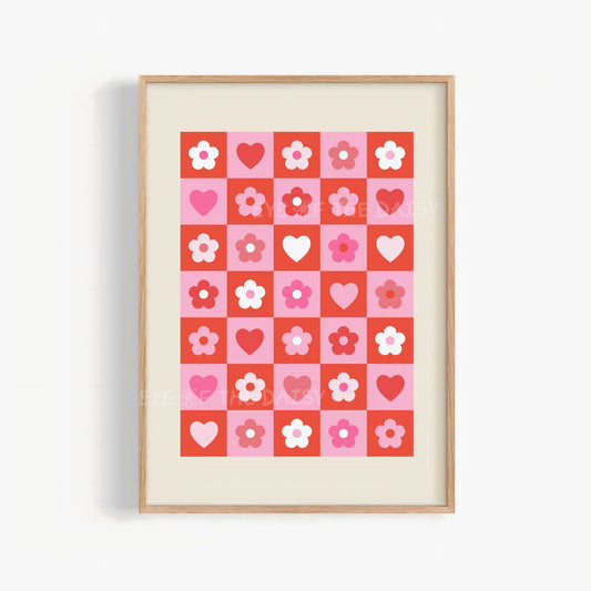 Red and pink checkerboard printable wall art with hearts and flowers, modern romantic poster for bedroom or dorm décor