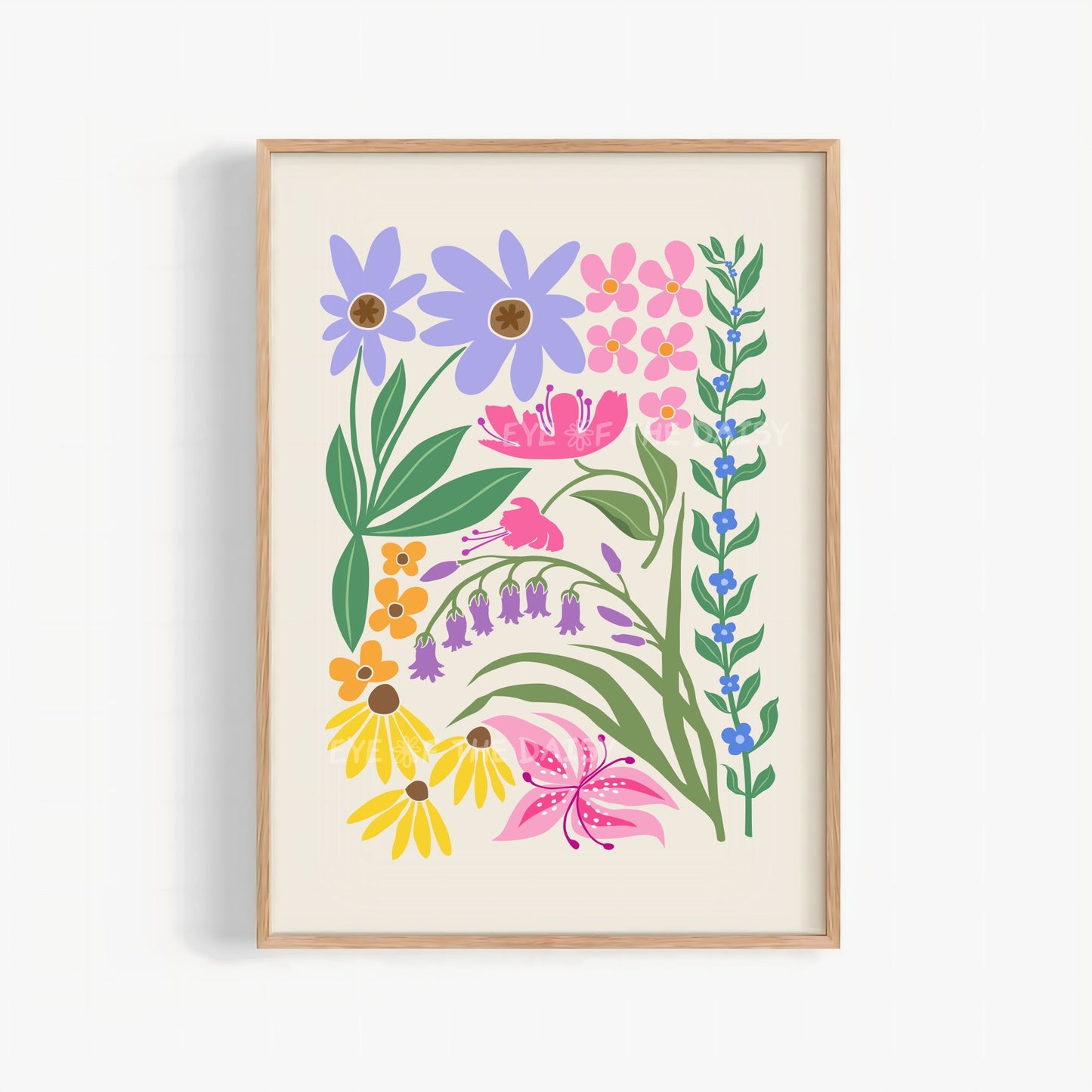 Pastel colorful floral art print with  abstract botanical design in pink, lilac, purple, blue, green, yellow and orange on beige
