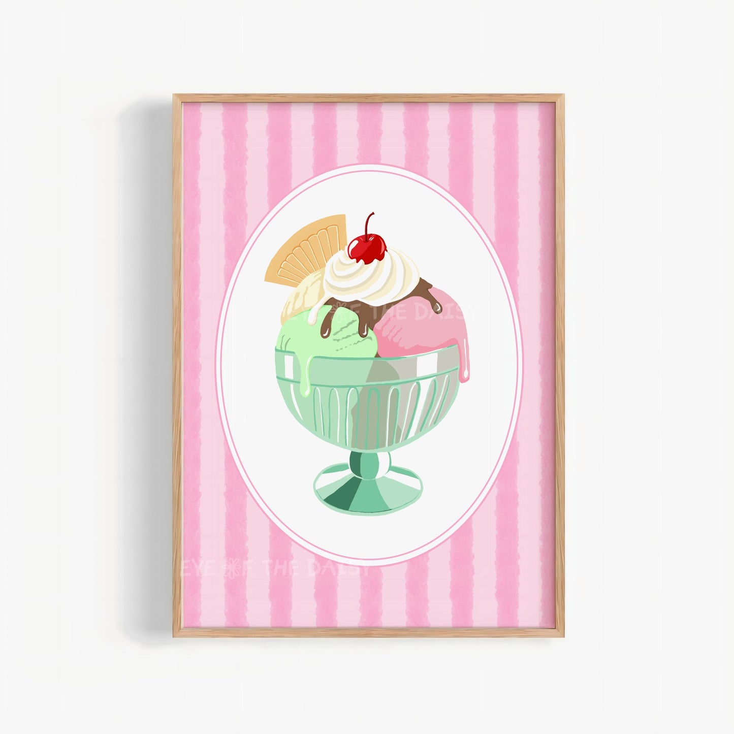 Vintage gelato digital art print of a colorful ice cream sundae on a pink striped background in pastel colours