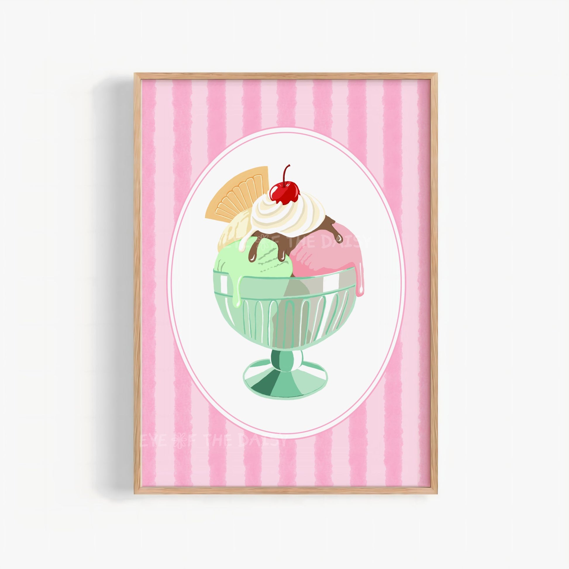 Vintage gelato digital art print of a colorful ice cream sundae on a pink striped background in pastel colours
