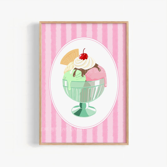 Vintage gelato digital art print of a colorful ice cream sundae on a pink striped background in pastel colours