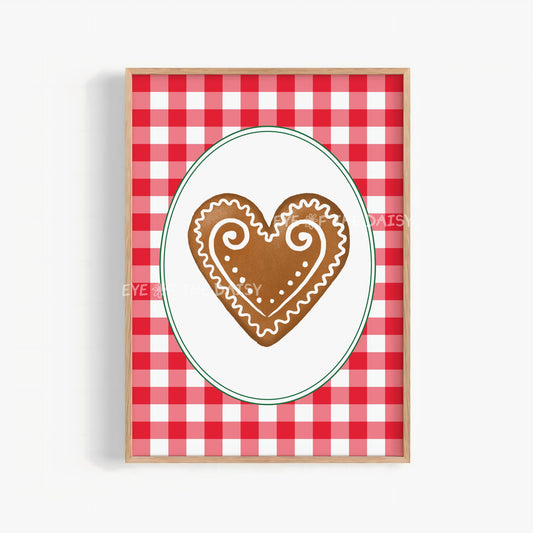 Gingerbread Heart Cookie Print Digital Download | Vintage Holiday Printable Wall Art