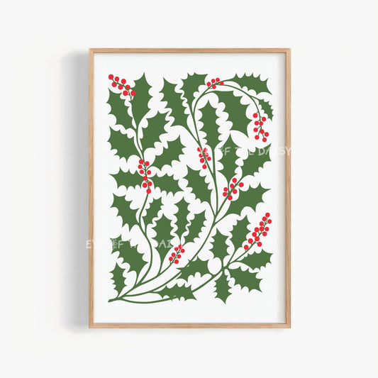 Abstract Holly Christmas Print Download | Red Green Traditional Holiday Printable Wall Art