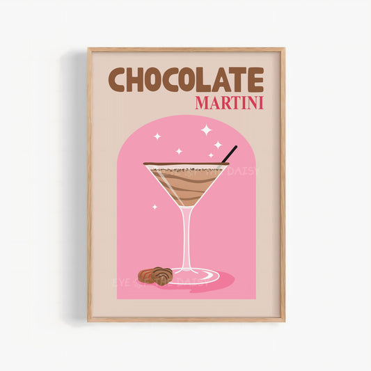 Chocolate Martini printable wall art in pink & brown, retro cocktail print digital download for bar cart decor