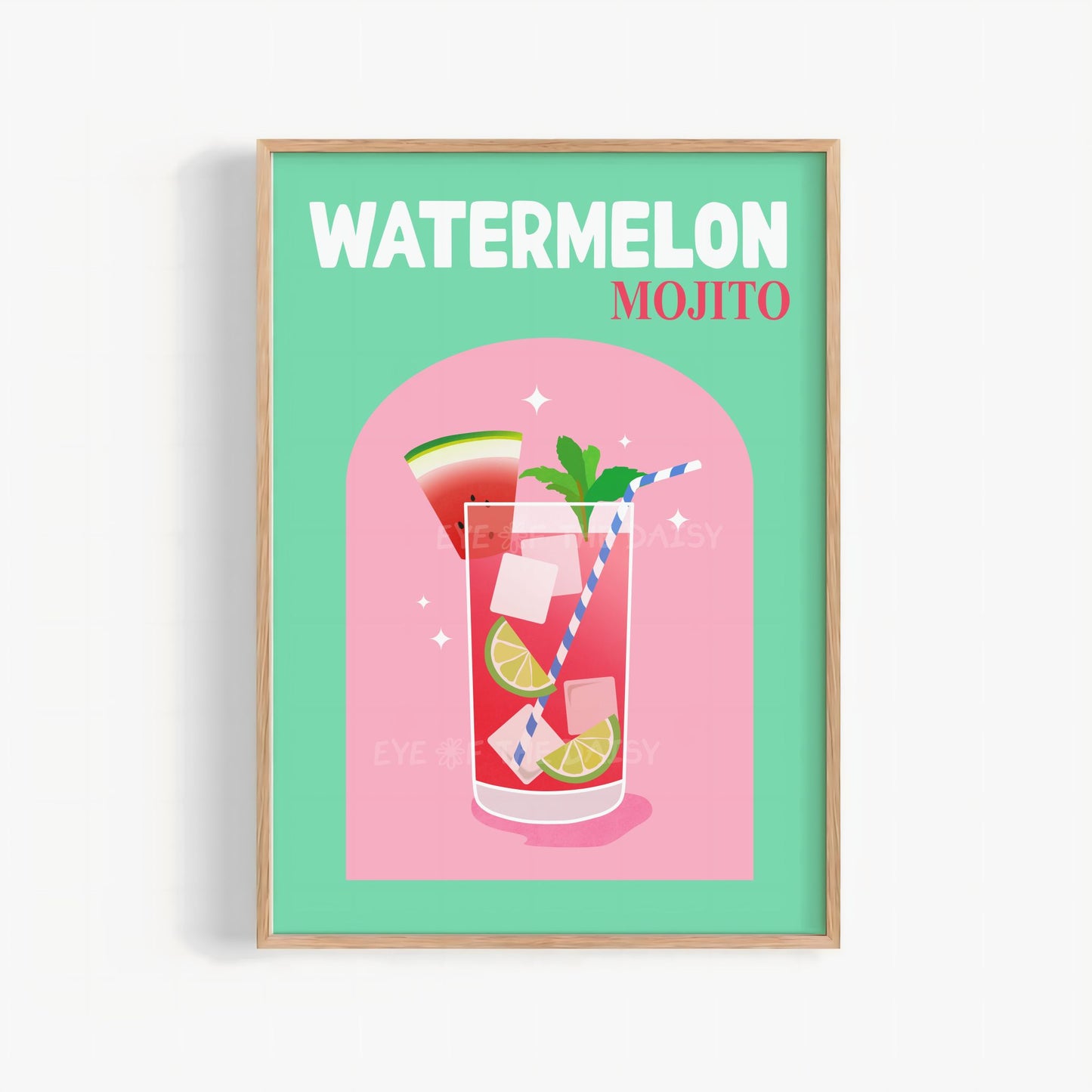 Colourful printable poster of a trendy "Watermelon Mojito" cocktail in pink & turquoise green with text