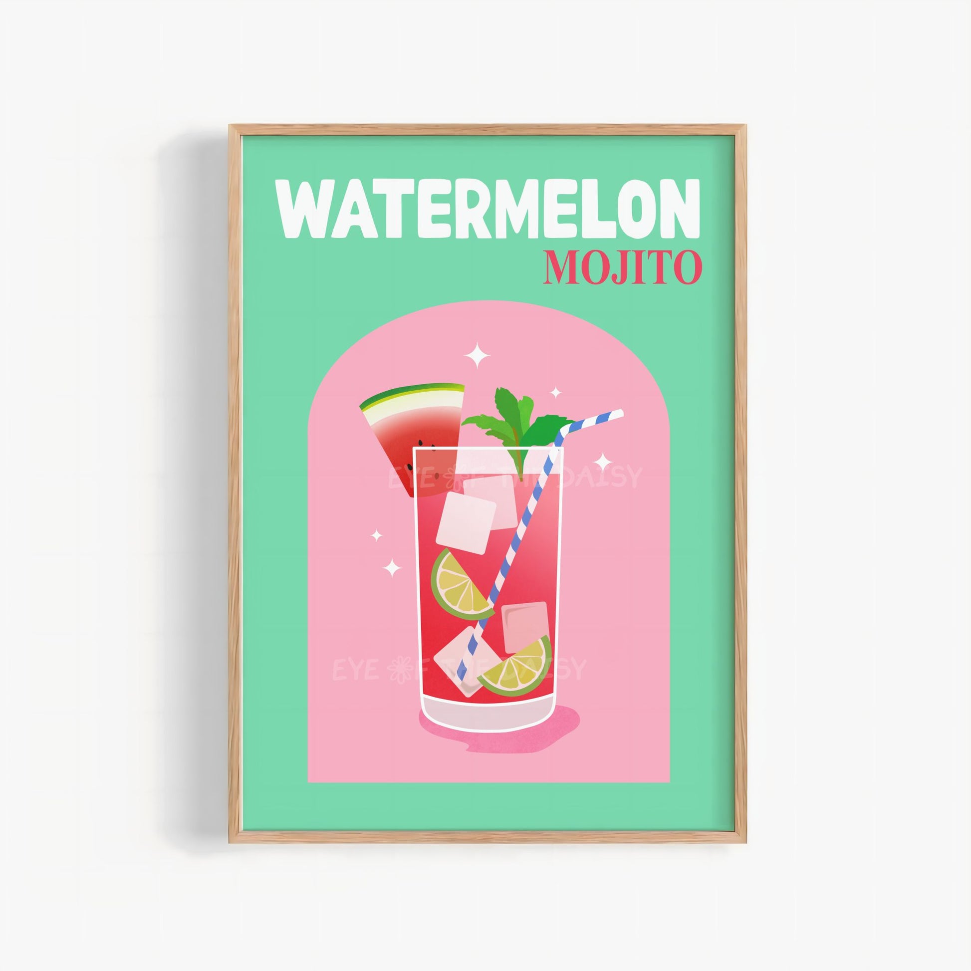 Colourful printable poster of a trendy "Watermelon Mojito" cocktail in pink & turquoise green with text