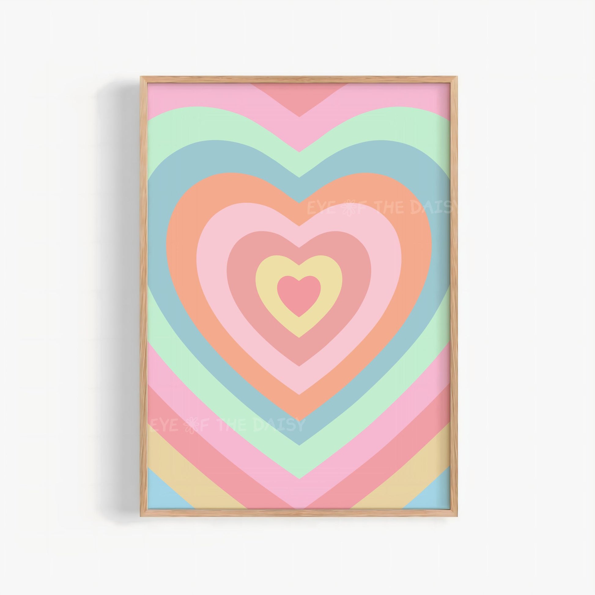 Retro heart printable wall art in pastel colours, trendy and Y2K print digital download for dorms or bedrooms