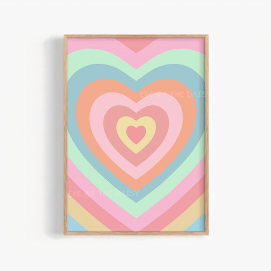 Retro heart printable wall art in pastel colours, trendy and Y2K print digital download for dorms or bedrooms