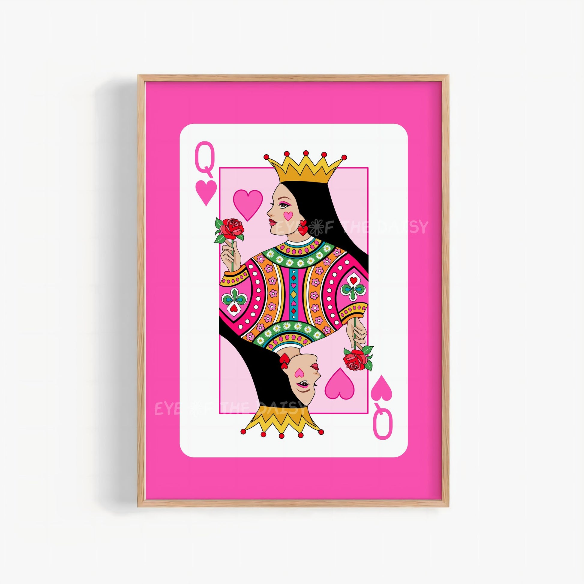 Queen of Hearts poster printable – hot pink playing card illustration, digital art print download for modern girly wall decor