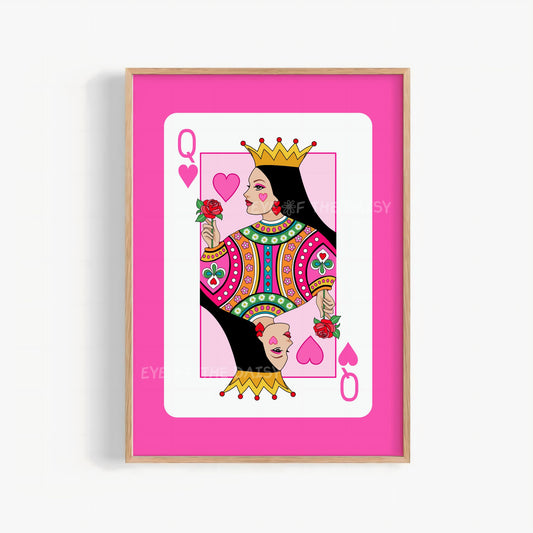 Queen of Hearts poster printable – hot pink playing card illustration, digital art print download for modern girly wall decor