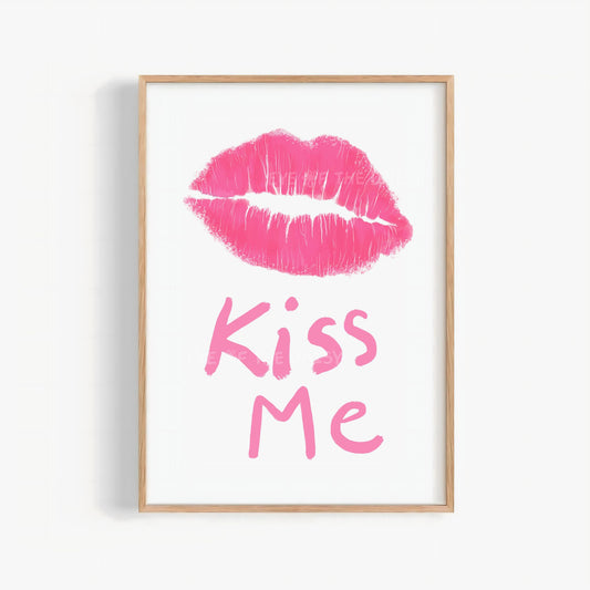 Hand drawn Kiss Me lips poster printable wall art in pink lipstick for Valentine’s Day or dopamine decor