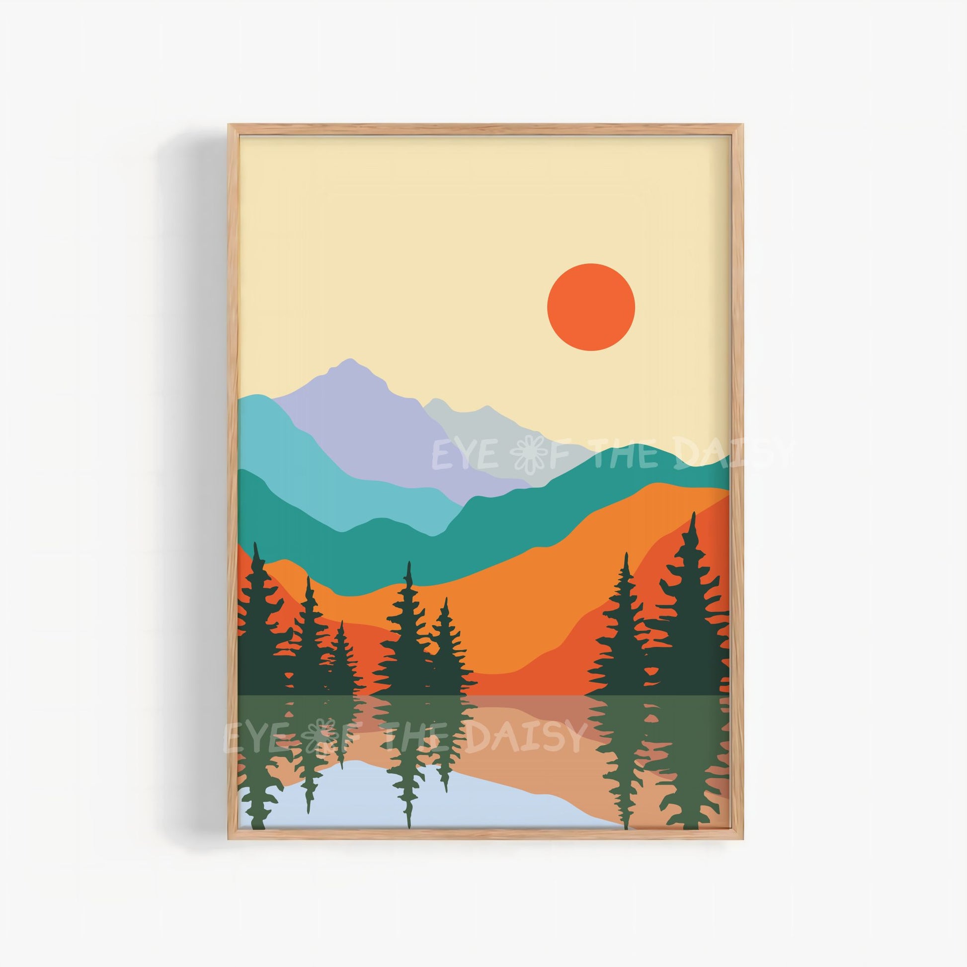 Colourful lake landscape printable wall art, burnt orange teal mid century modern wall art for trendy apartment