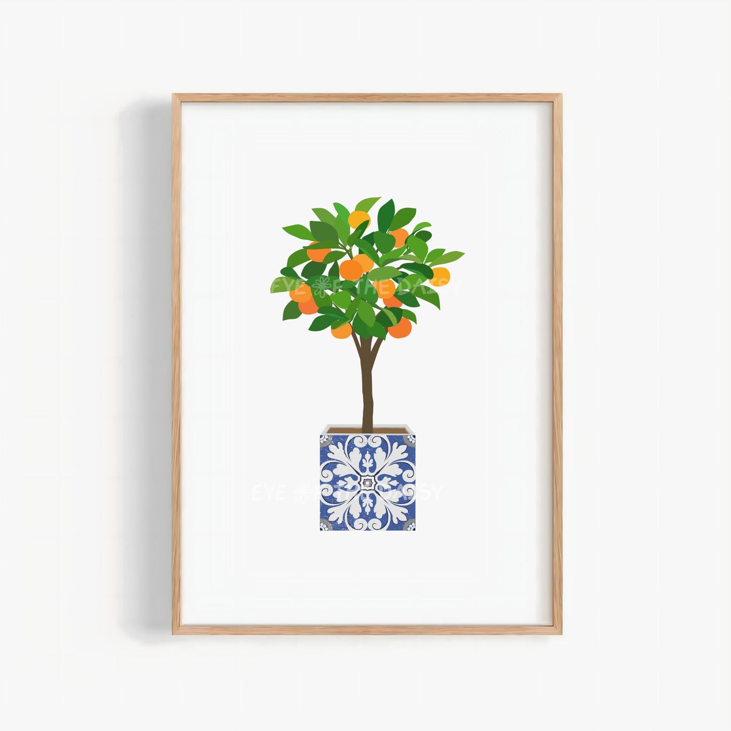 Boho orange tree poster with blue tile pot – modern botanical printable art, vibrant downloadable wall decor for stylish living room gallery walls