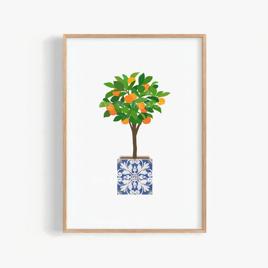 Boho orange tree poster with blue tile pot – modern botanical printable art, vibrant downloadable wall decor for stylish living room gallery walls
