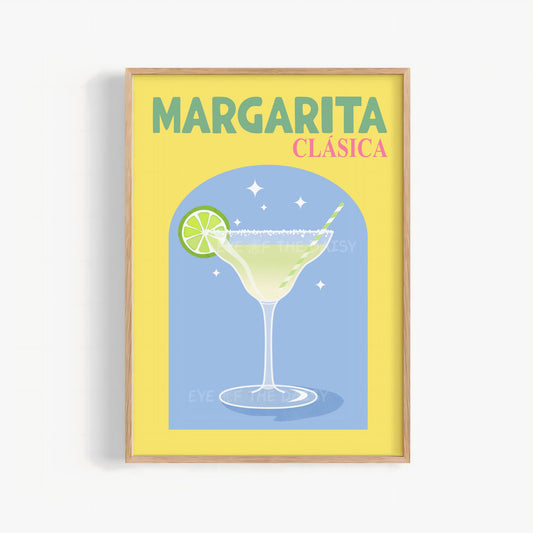 Trendy Colourful Margarita cocktail print with text in vibrant yellow, blue and green