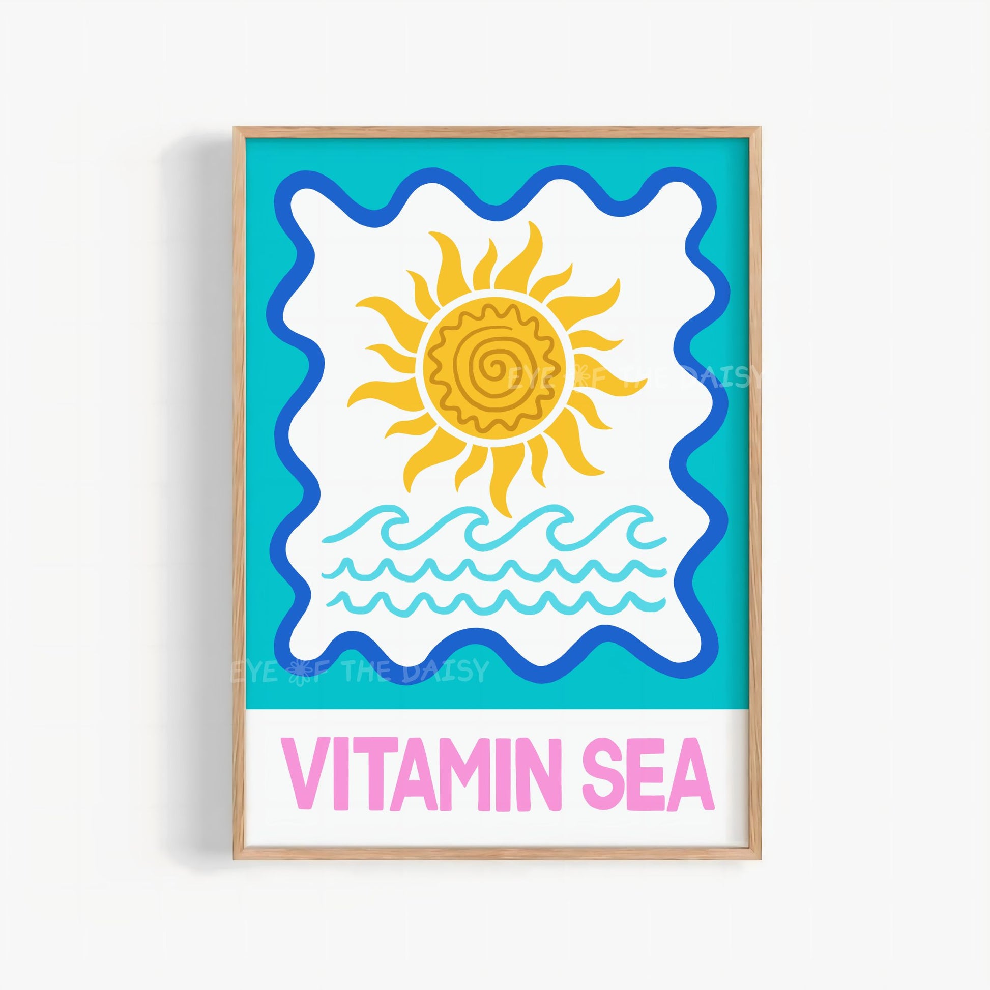 Vitamin Sea art print with vibrant hand drawn sun – beachy summer poster printable, digital download wall decor in turquoise pink