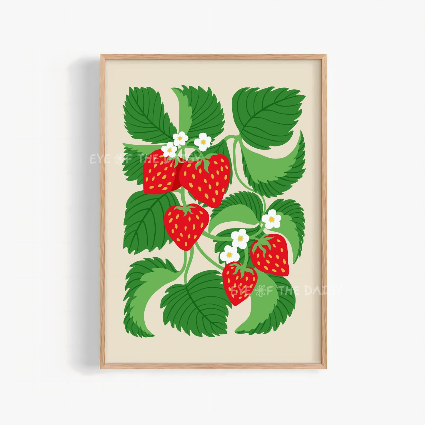 Colourful botanical digital download – strawberry plant wall print in red and green on beige, ideal for dopamine decor lovers