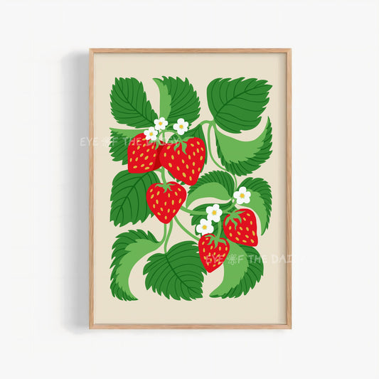 Colourful botanical digital download – strawberry plant wall print in red and green on beige, ideal for dopamine decor lovers