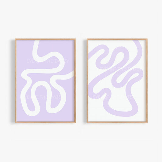 Set of 2 pastel lilac abstract prints – squiggle line digital downloads, modern poster printables for wall decor