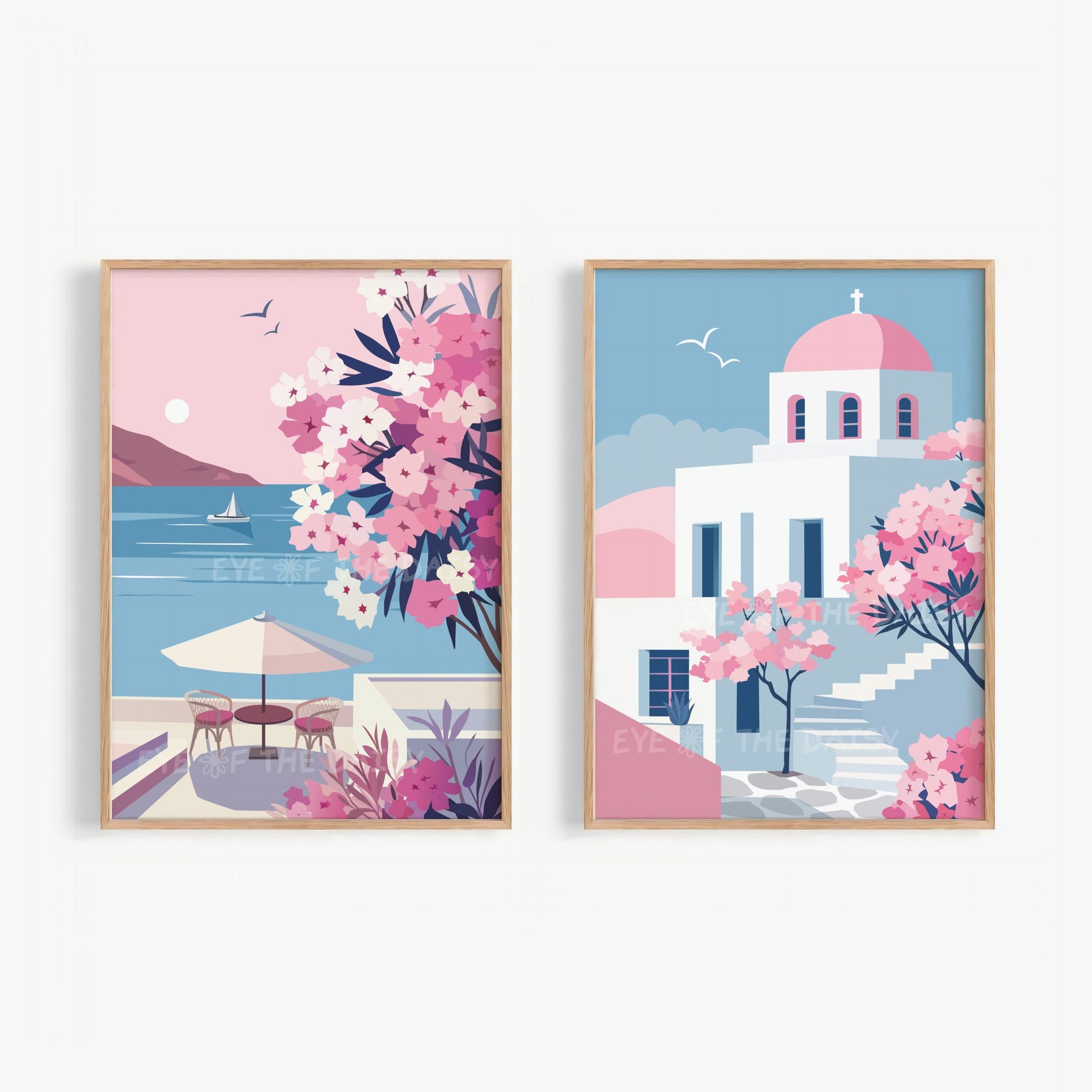 Set of two Paros Greece art prints, pastel pink and blue Cycladic architecture with sea view, bougainvillea flowers printables