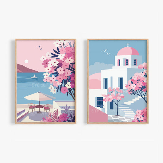 Set of two Paros Greece art prints, pastel pink and blue Cycladic architecture with sea view, bougainvillea flowers printables