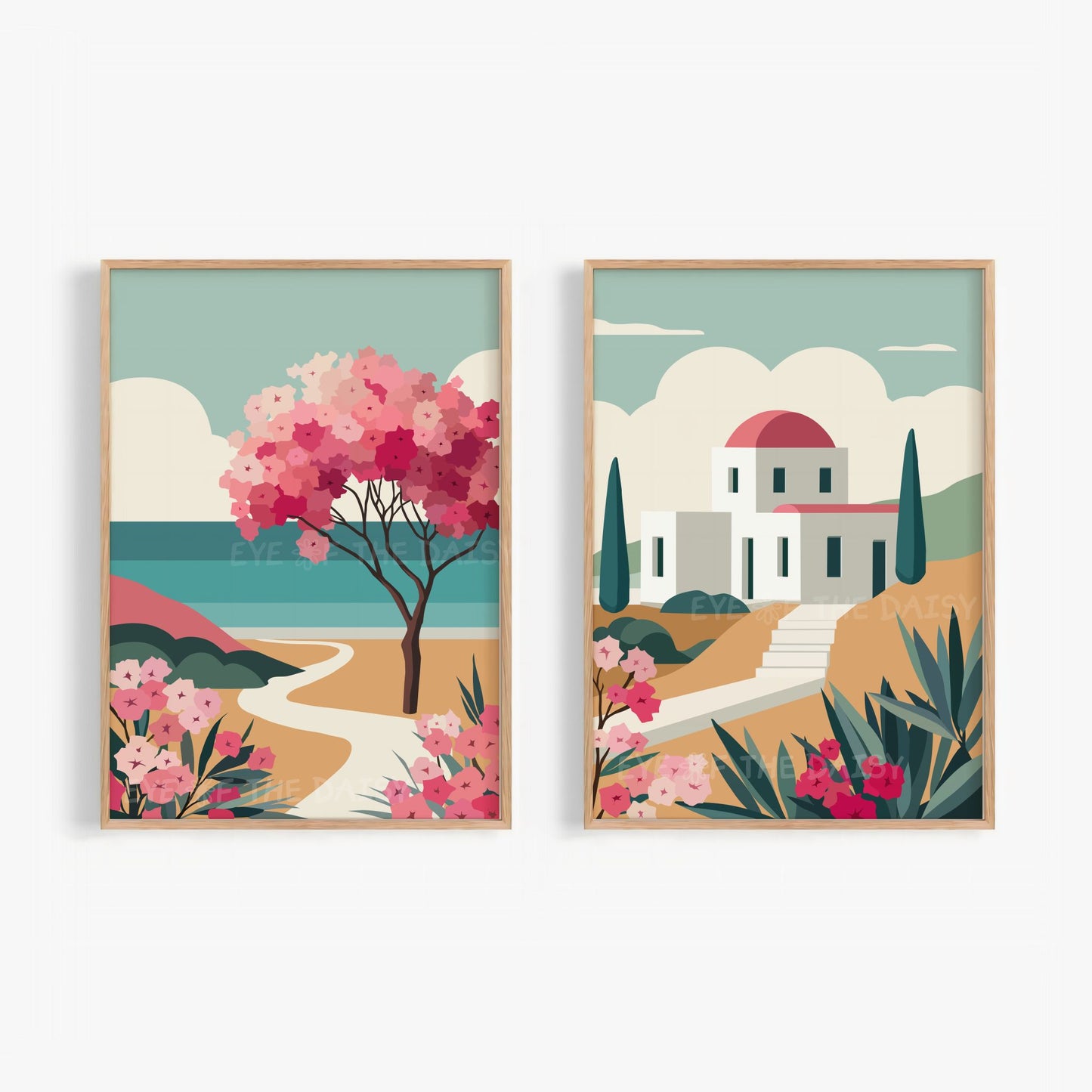 Greek island printable wall art set of two in modern minimal abstract style in teal, pink, mustard, white, gives Mediterranean vibes