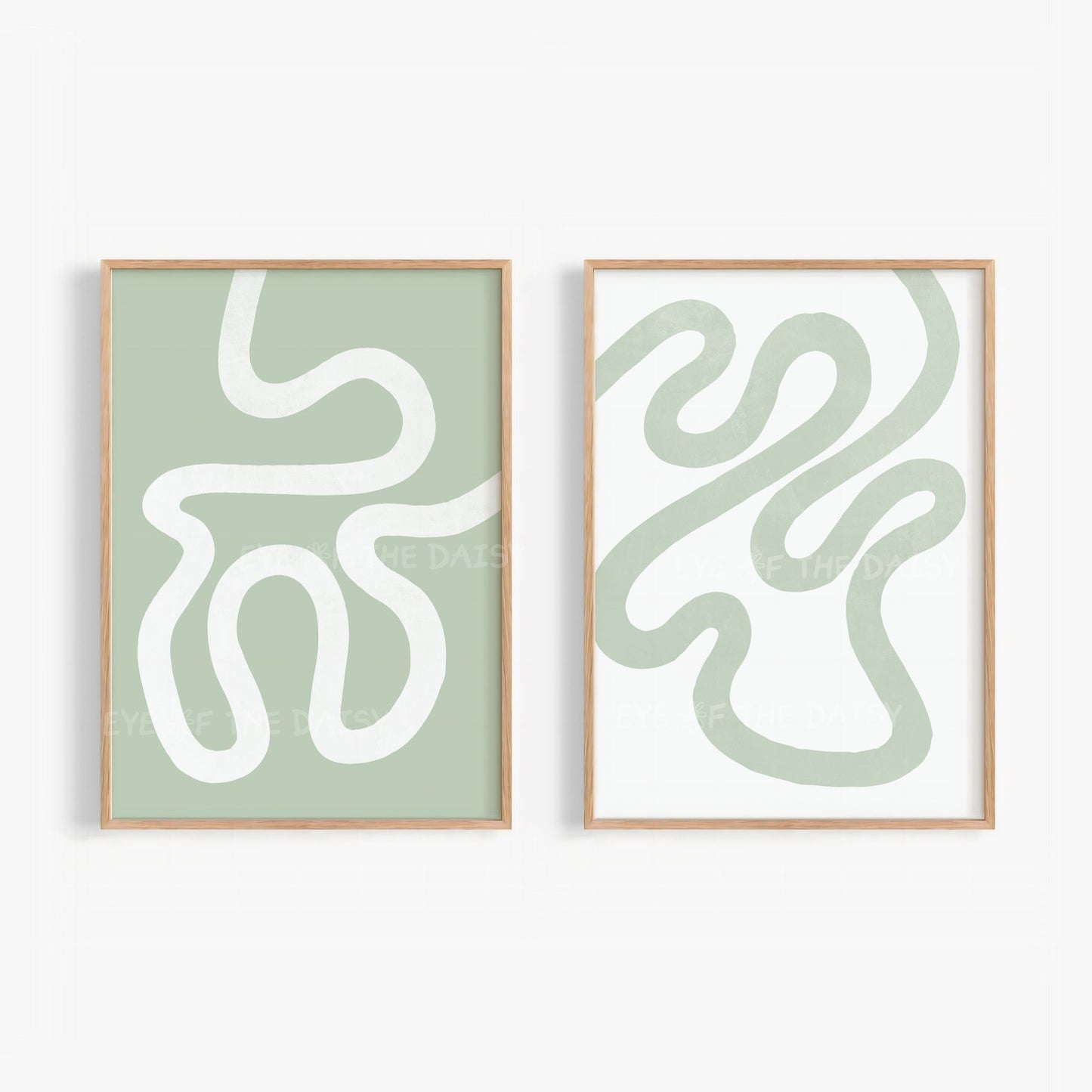 Set of two modern abstract wall art prints with white and sage green wavy scribble lines on sage green and white
