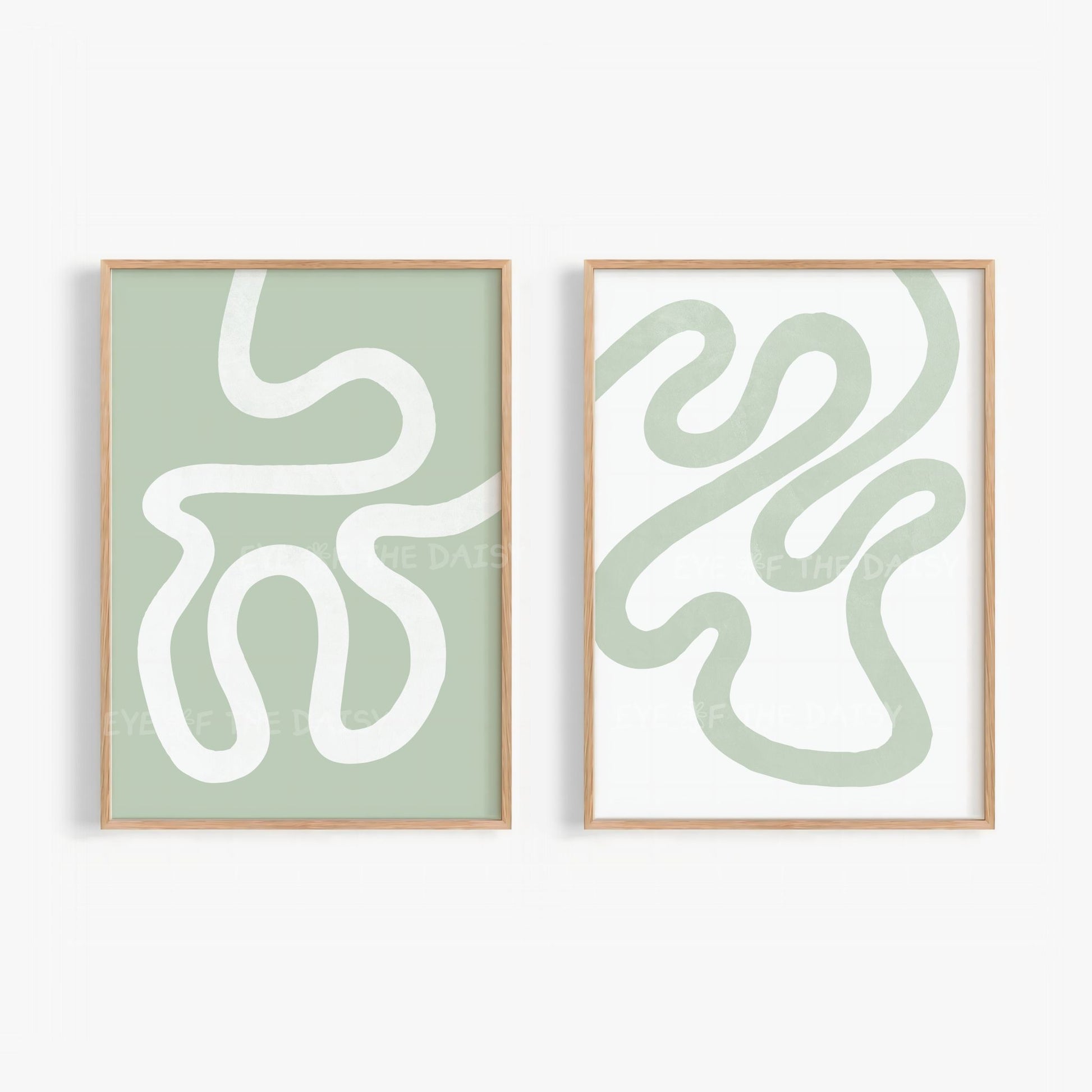 Set of two modern abstract wall art prints with white and sage green wavy scribble lines on sage green and white