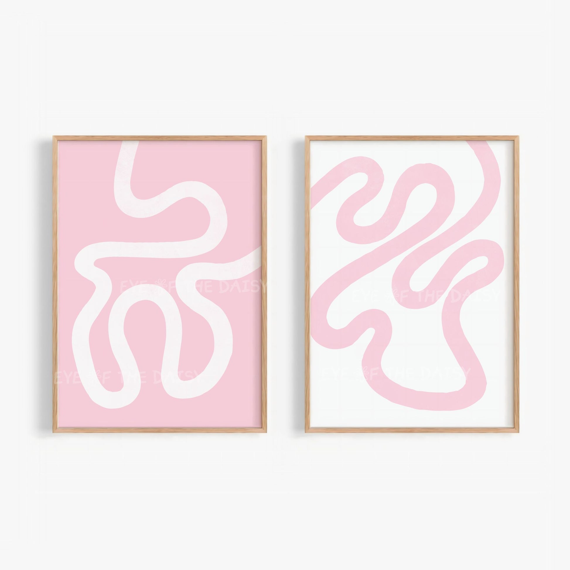 Set of two abstract wall art prints with white and pastel pink wavy scribble lines in contemporary style