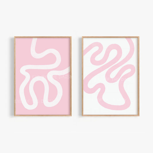 Set of two abstract wall art prints with white and pastel pink wavy scribble lines in contemporary style