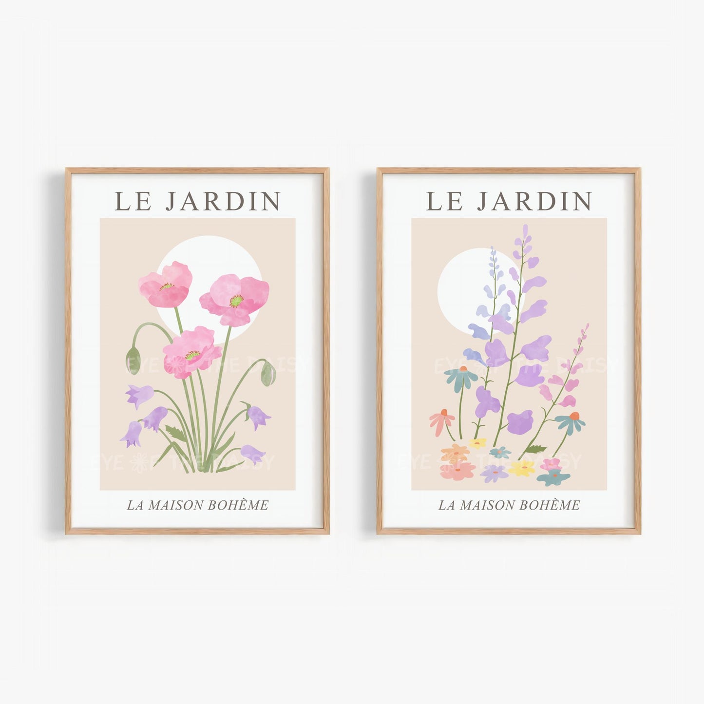 Le Jardin print set of two — pink poppies and wildflowers printable wall art, pretty, boho chic DIY wall decor and print at home poster