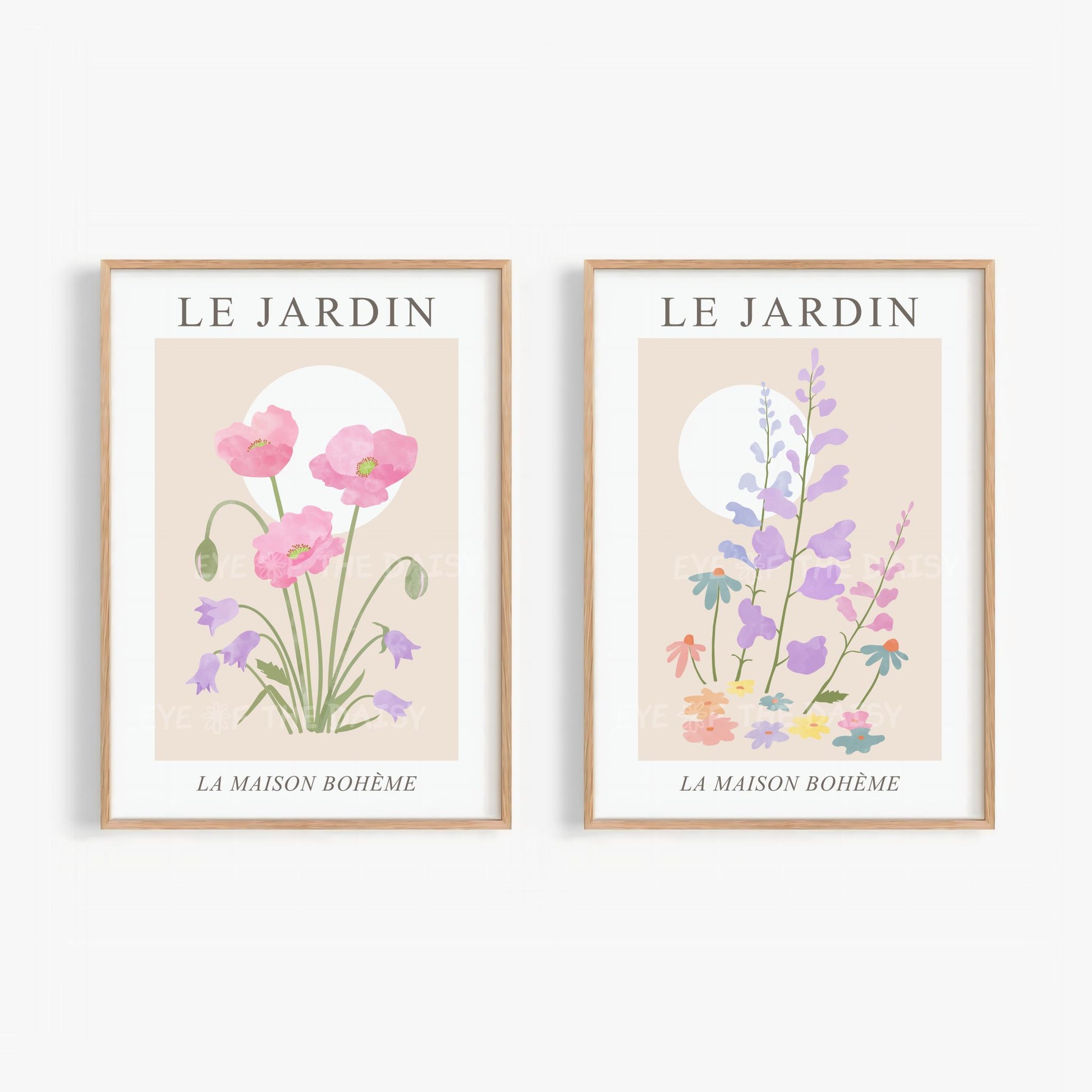 Le Jardin print set of two — pink poppies and wildflowers printable wall art, pretty, boho chic DIY wall decor and print at home poster