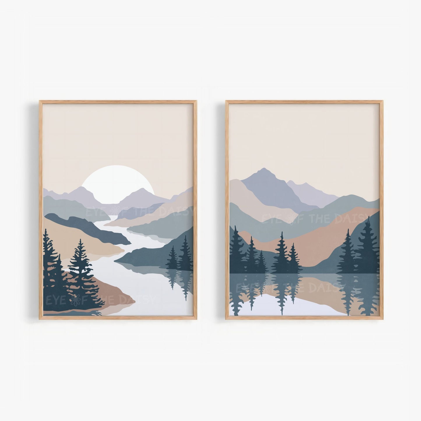 Abstract mountain landscape set of 2 – calming navy, taupe, beige nature scene prints, downloadable art for modern neutral home decor