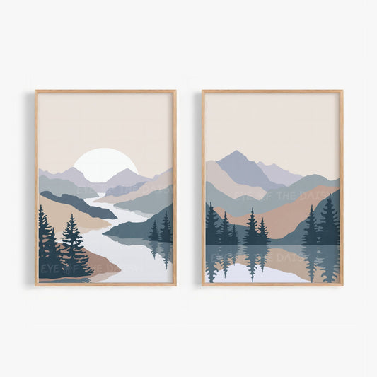 Abstract mountain landscape set of 2 – calming navy, taupe, beige nature scene prints, downloadable art for modern neutral home decor