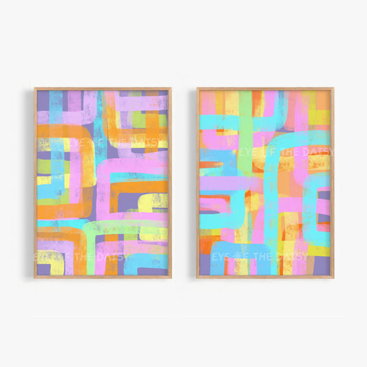 Set of two vibrant abstract printable wall art, colourful maximalist contemporary expressionist digital download