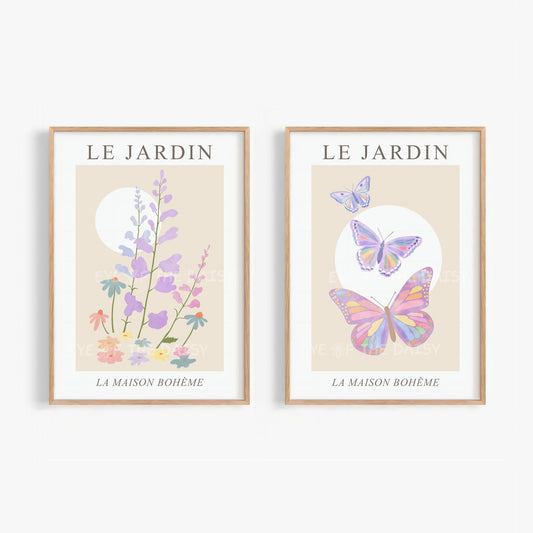 Le Jardin floral and butterfly print set of 2 — pastel pink and lilac abstract botanical digital download for modern elegant gallery wall decor
