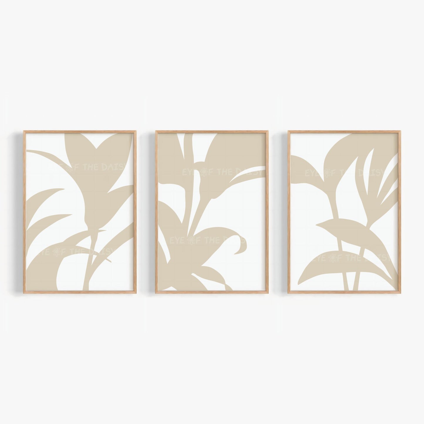 Neutral abstract botanical prints set of 3 in beige & white, modern gallery wall set, abstract leaf printable poster download