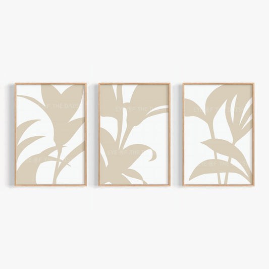 Neutral abstract botanical prints set of 3 in beige & white, modern gallery wall set, abstract leaf printable poster download