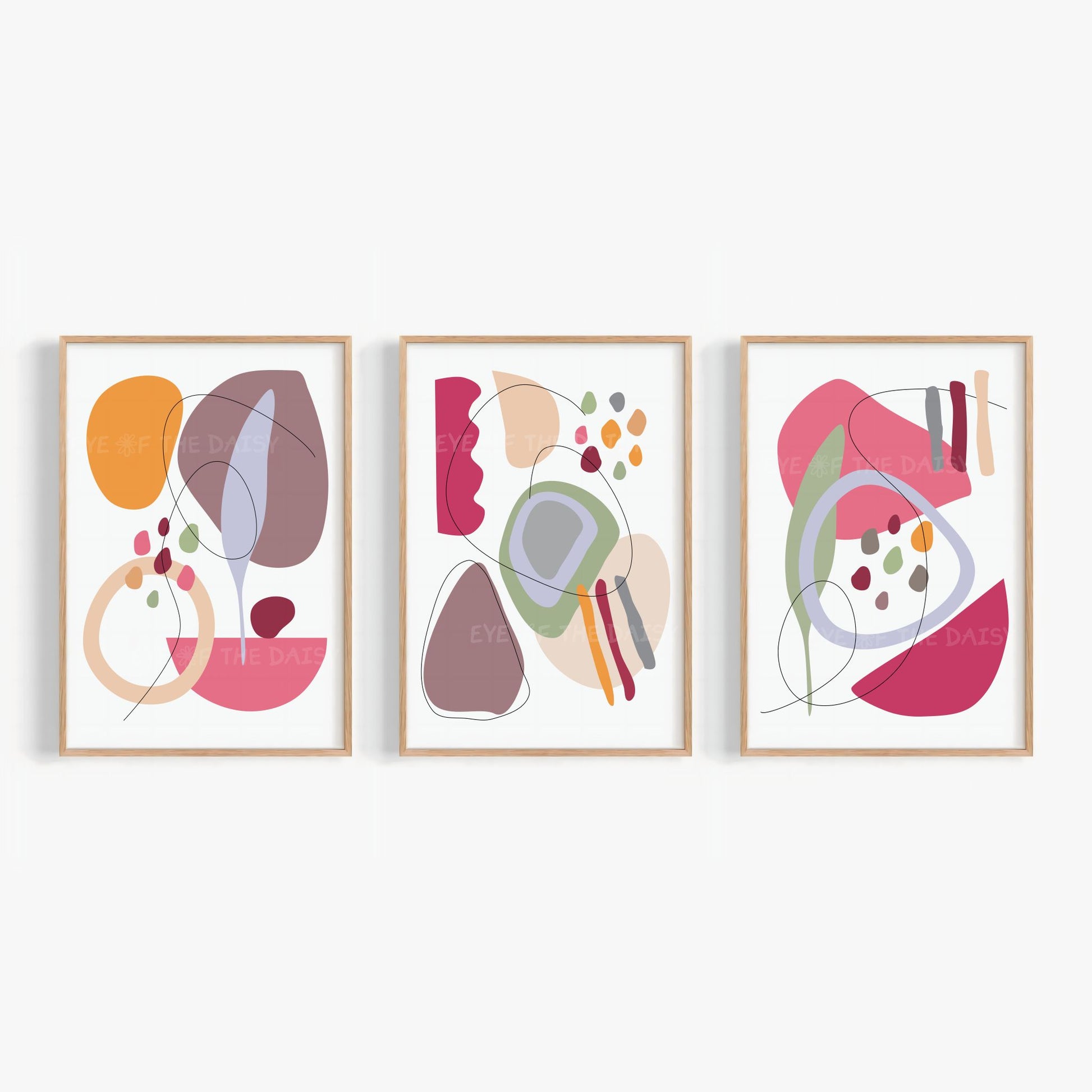 Geometric abstract print set of 3 in maroon, pink, orange & blue, modern gallery wall art, maximalist printable poster download