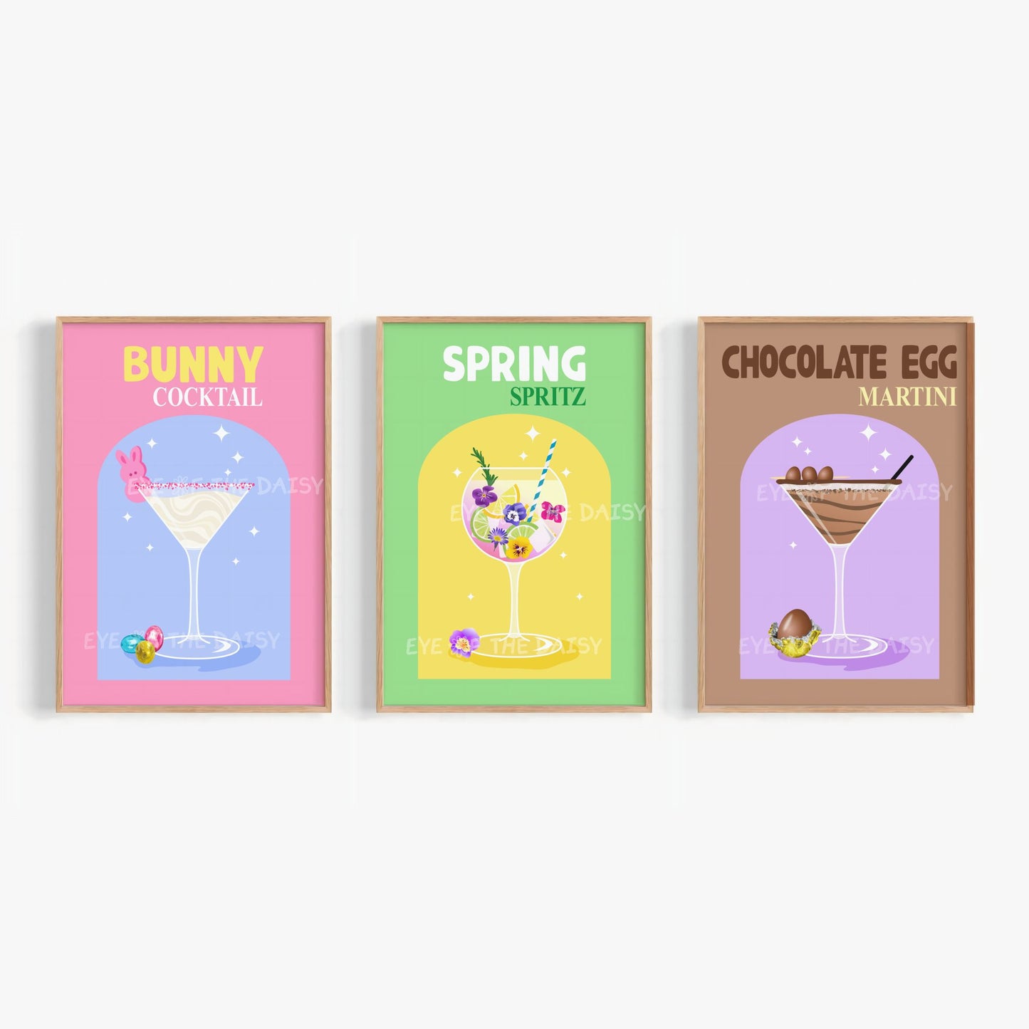 Spring Easter cocktail printable set, 3-piece bar cart wall art bundle in vibrant pastel colors