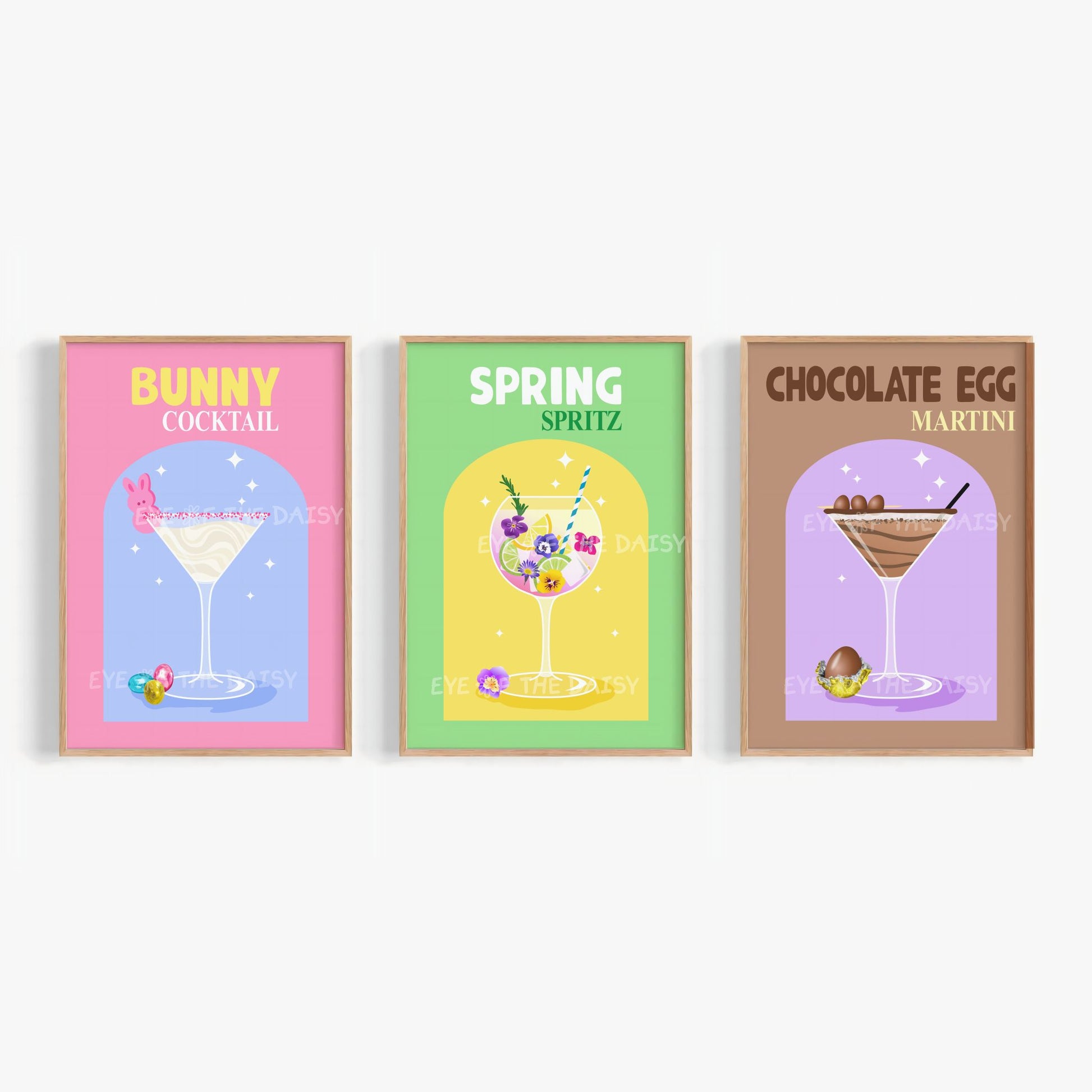 Spring Easter cocktail printable set, 3-piece bar cart wall art bundle in vibrant pastel colors