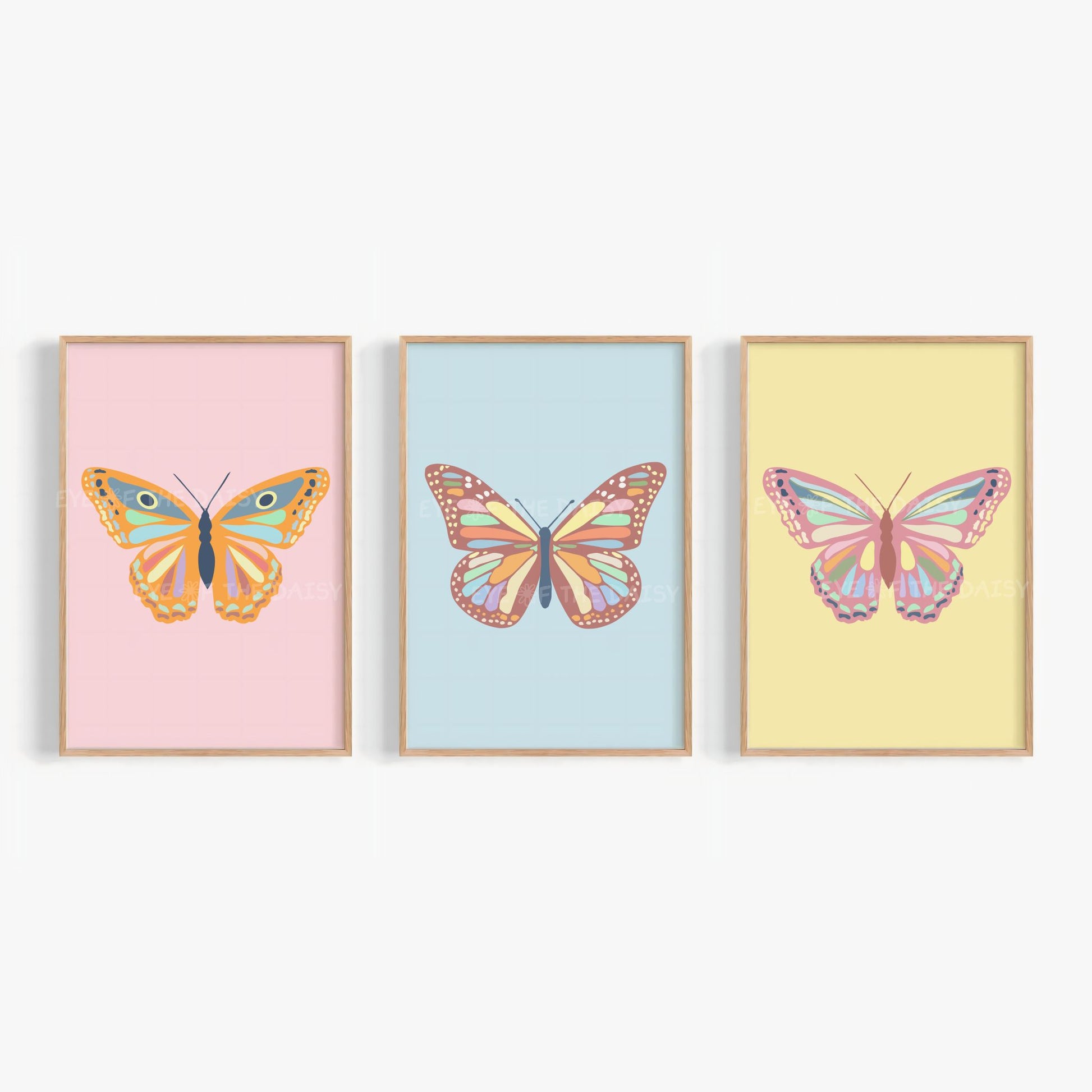Vintage pastel butterfly print set of 3, cute colorful butterflies printable gallery wall set of 4 for instant download