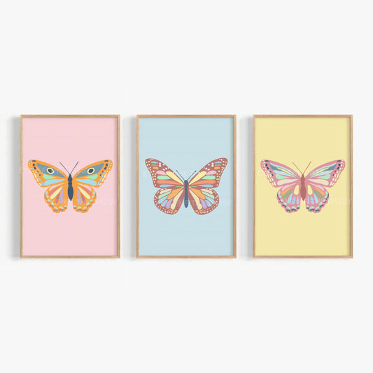 Vintage pastel butterfly print set of 3, cute colorful butterflies printable gallery wall set of 4 for instant download