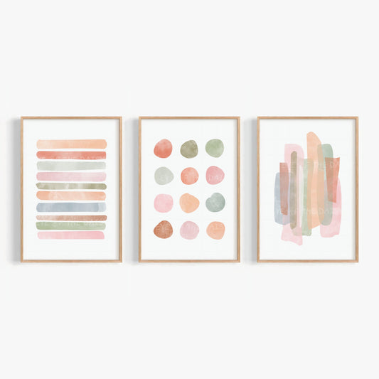 Set of 3 abstract pastel watercolor prints — digital download with muted tones, neutral brushstroke art for minimalist printable wall decor