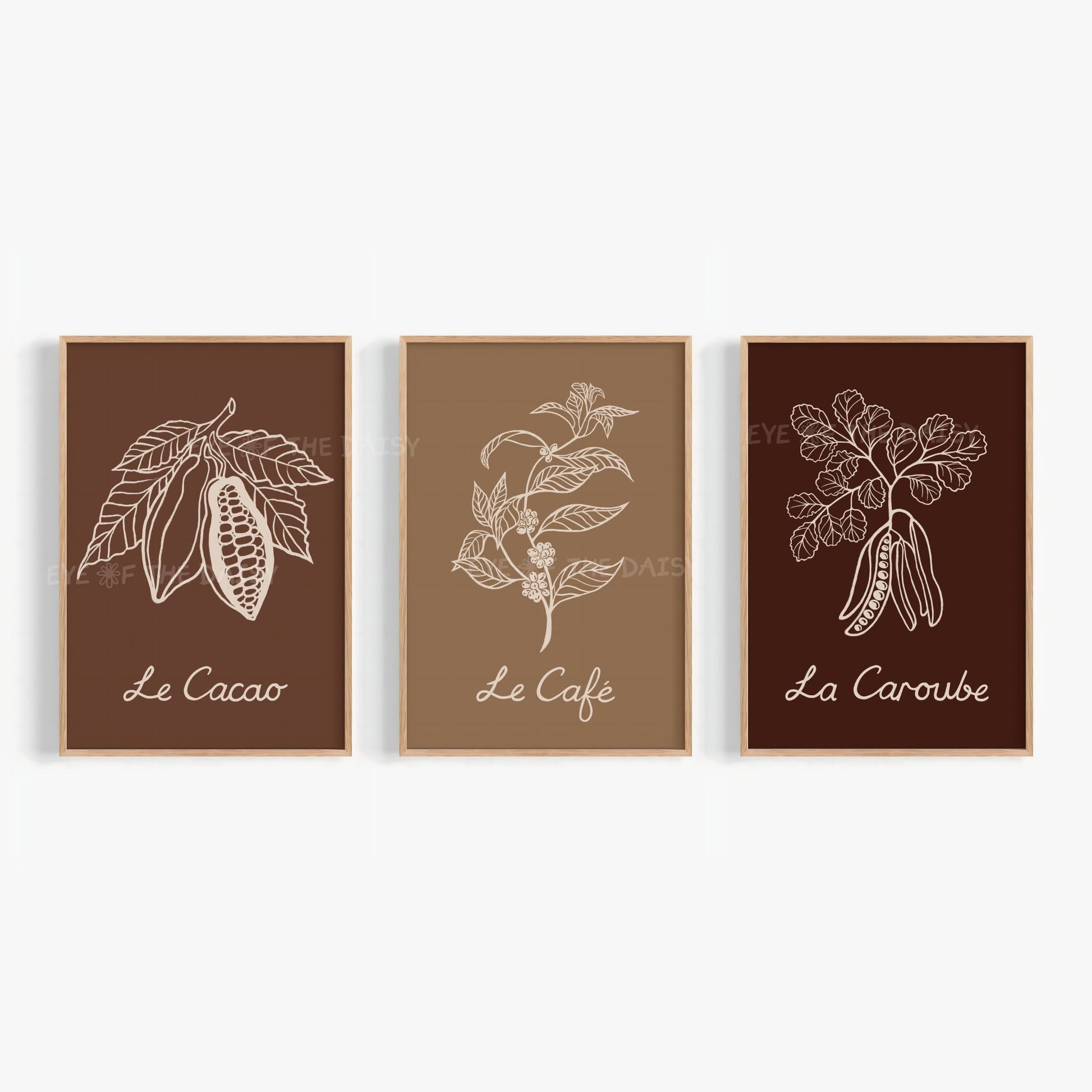 Set of 3 French botanical prints — carob, coffee, and cocoa — for kitchen or dining room décor