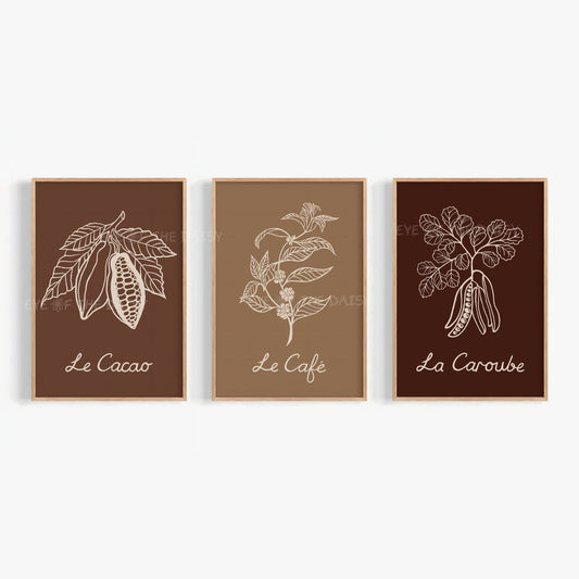 Set of 3 French botanical prints — carob, coffee, and cocoa — for kitchen or dining room décor
