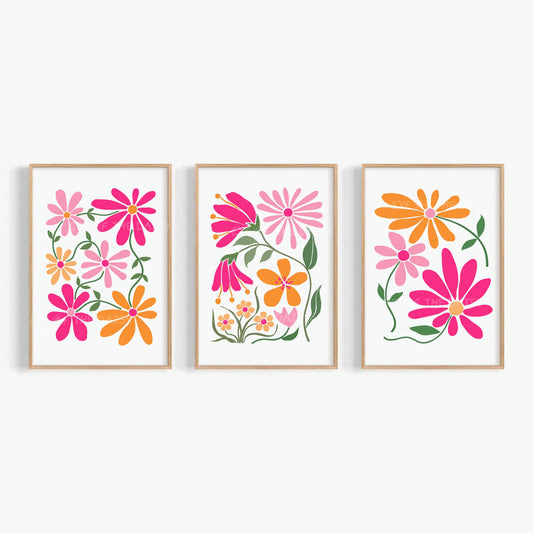 Hot pink and orange boho flower print set of 3, vibrant abstract daisy wall art, digital download posters for gallery wall or triptych decor