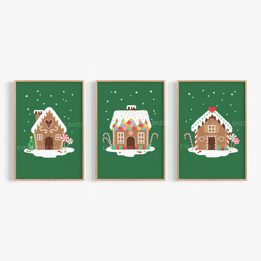 Set of 3 Gingerbread House Prints Digital Download | Vintage Christmas Printable Wall Art