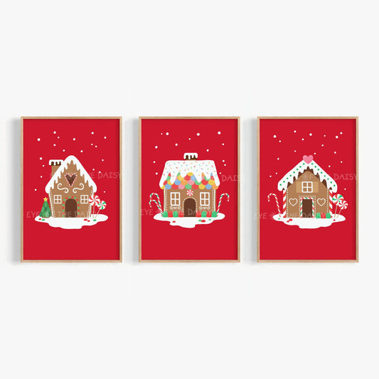 Set of 3 Gingerbread House Prints Digital Download | Vintage Christmas Printable Wall Art